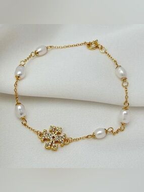 Tory Burch Gold Pearl Logo Bracelet
